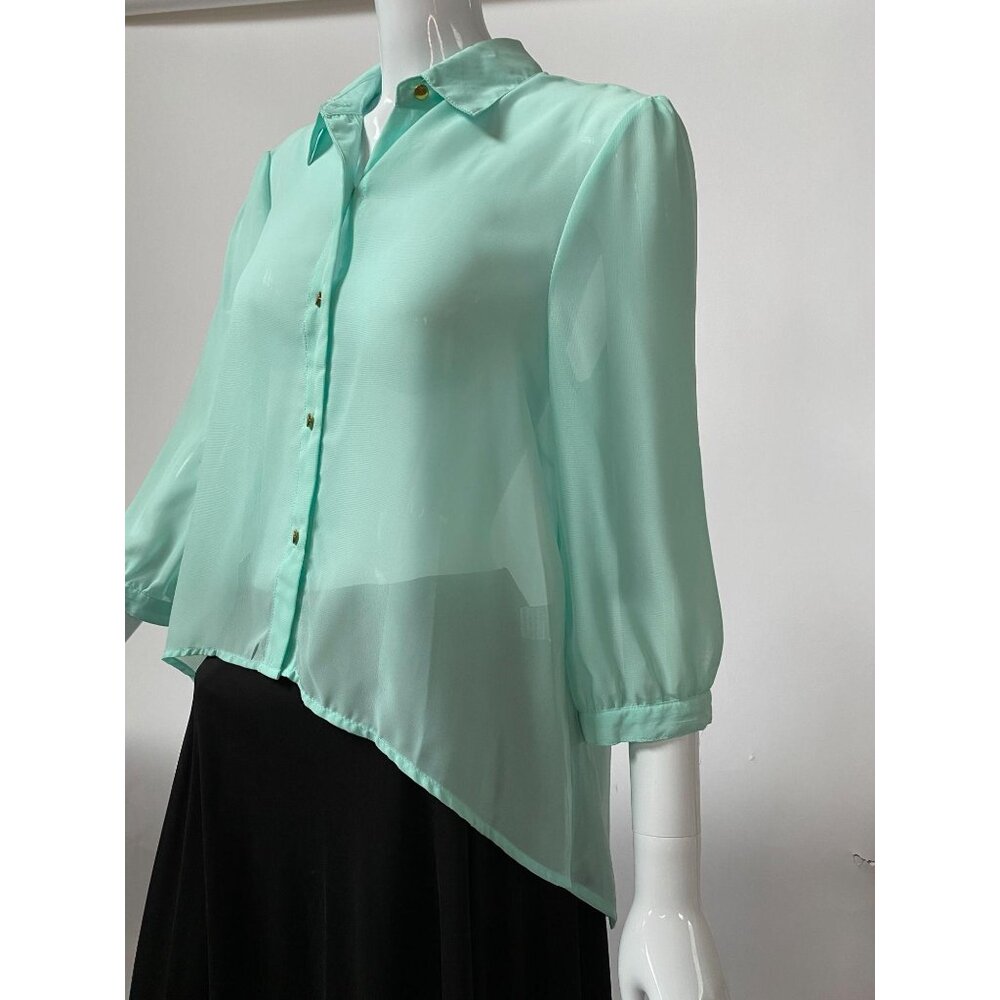 All Kris Womens Sheer Mint Green Button-Up Blouse With 3/4 Sleeves & Asymmetrica